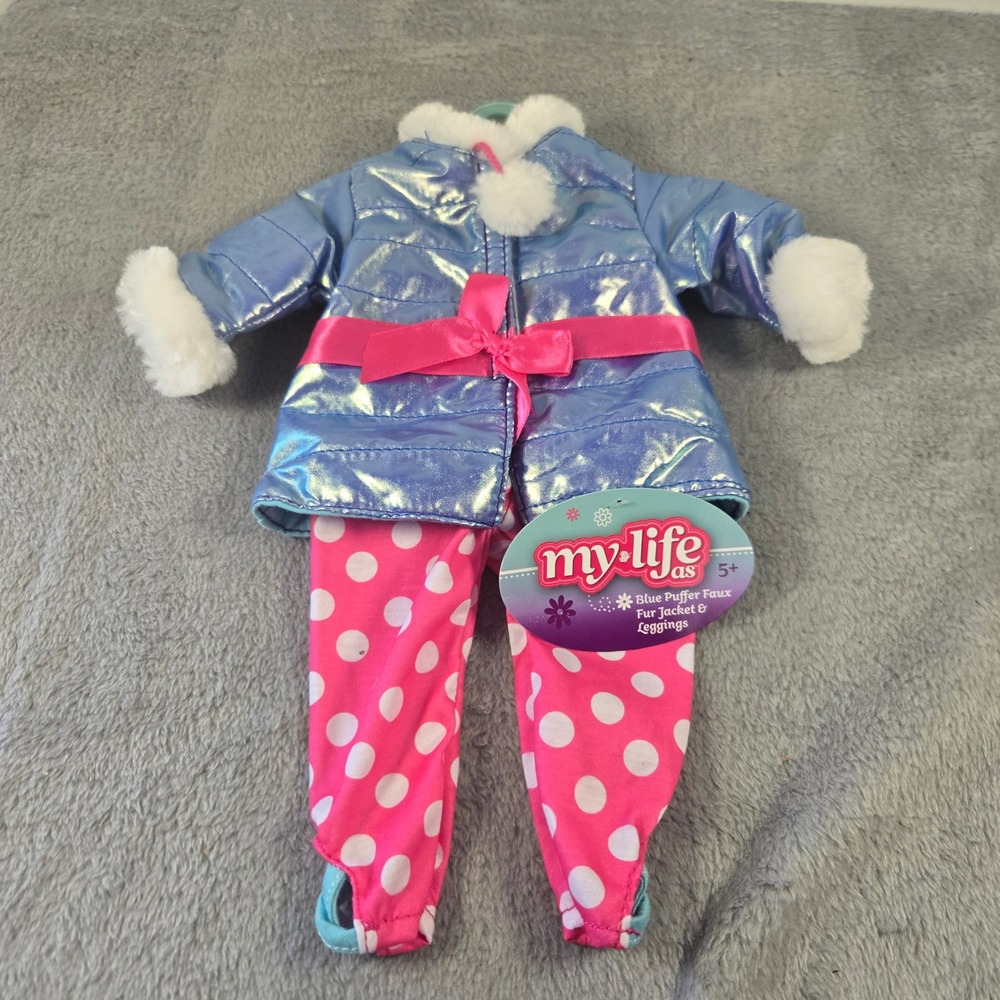 My Life As Blue Puffer Faux Fur Jacket & Polka Dot Leggings 18 Inch Doll Outfit